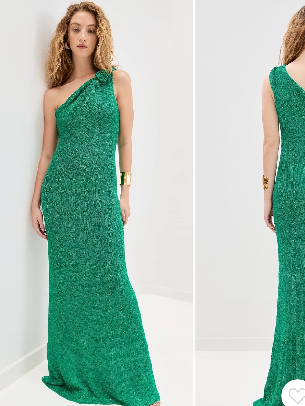 Emerald One-Shoulder Evening Gown with Rosette Detail